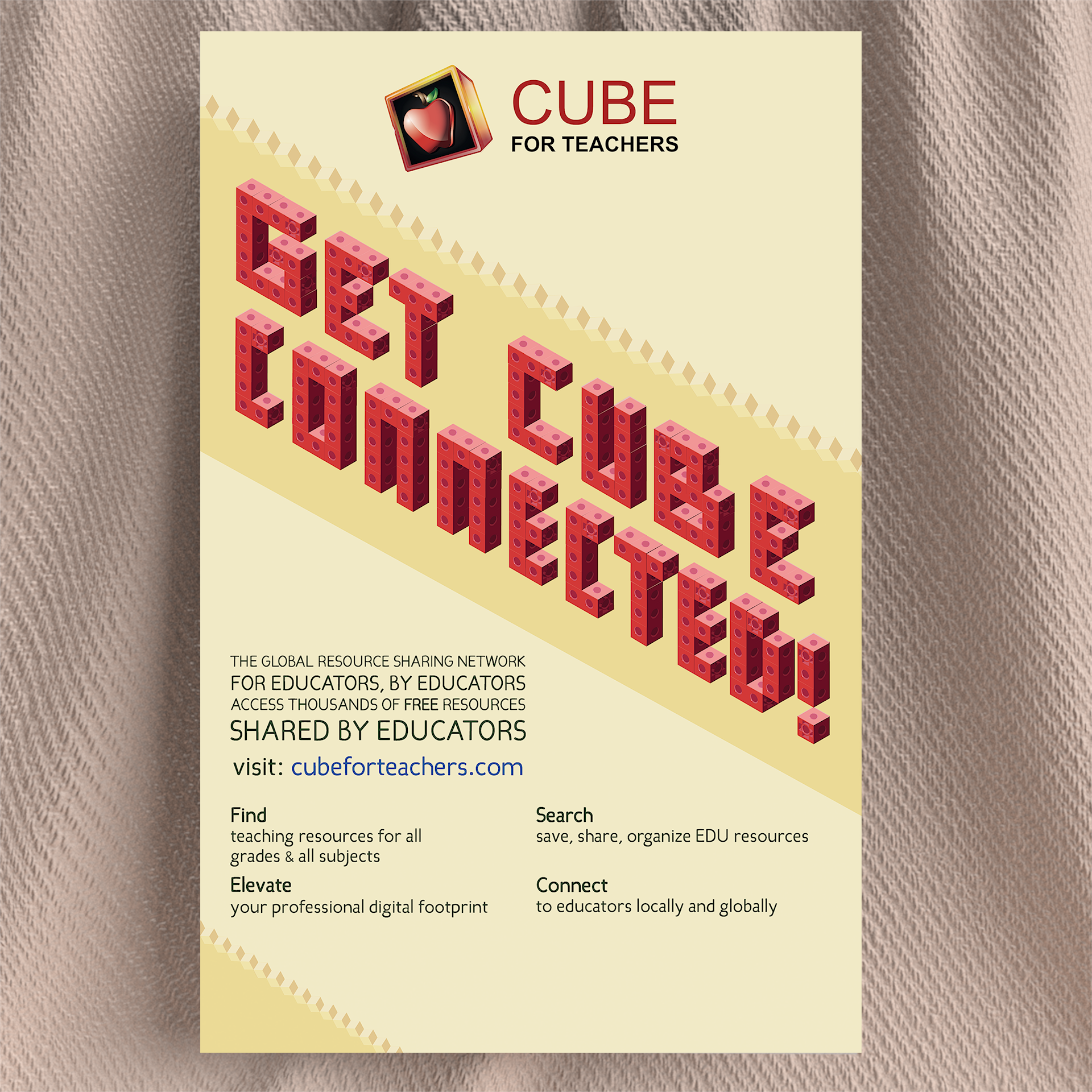 poster advertising Cube For Teachers that explains what it is and vector illustration of linking cubes that spell out get cube connected!