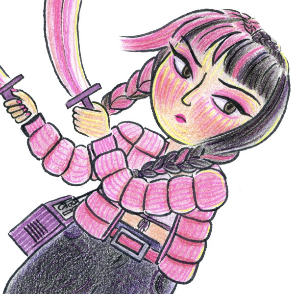 Drawing of a girl with pink and black hair wearing a pink puffer jacket and dual swords