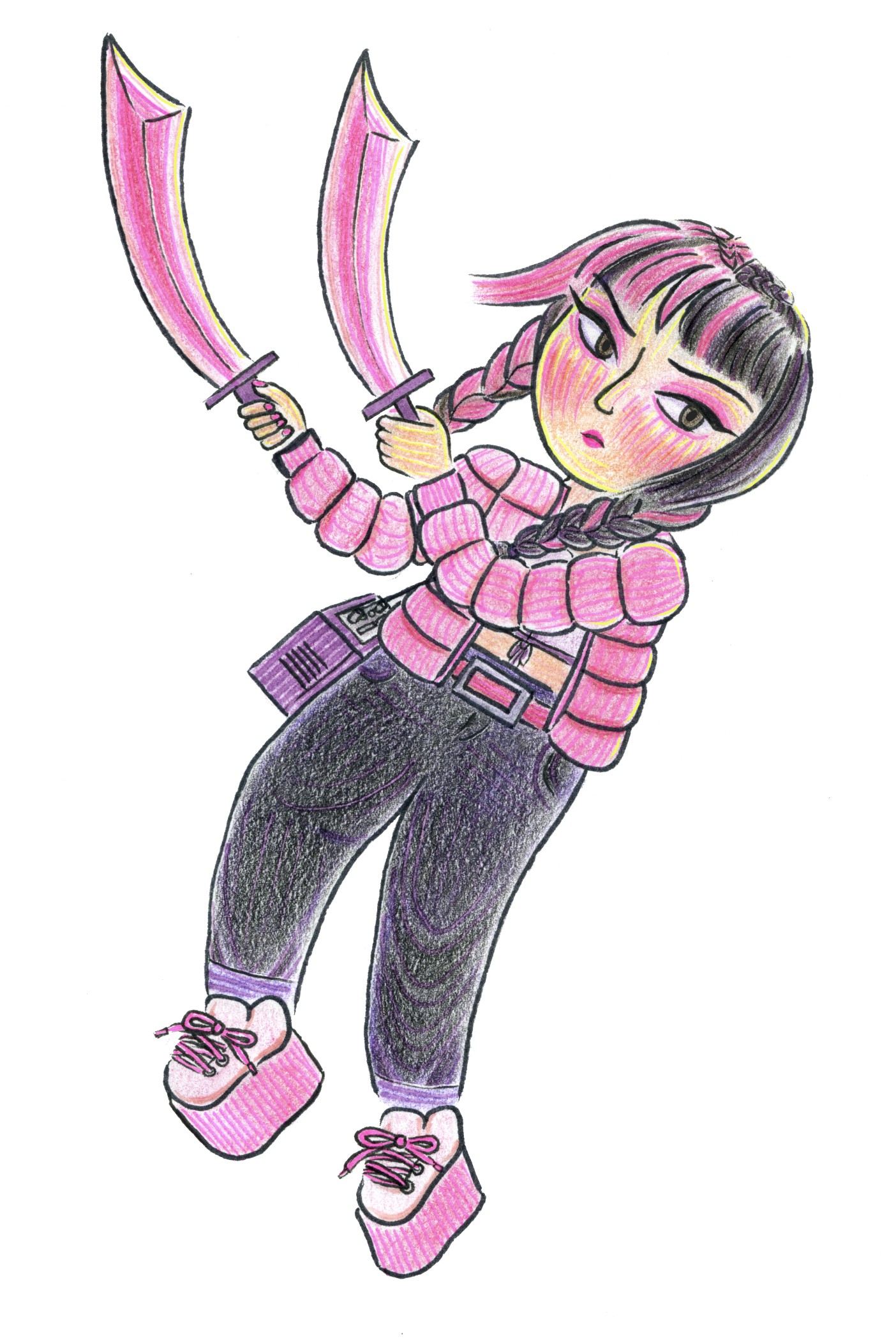 Drawing of a girl with pink and black hair wearing a pink puffer jacket and dual swords