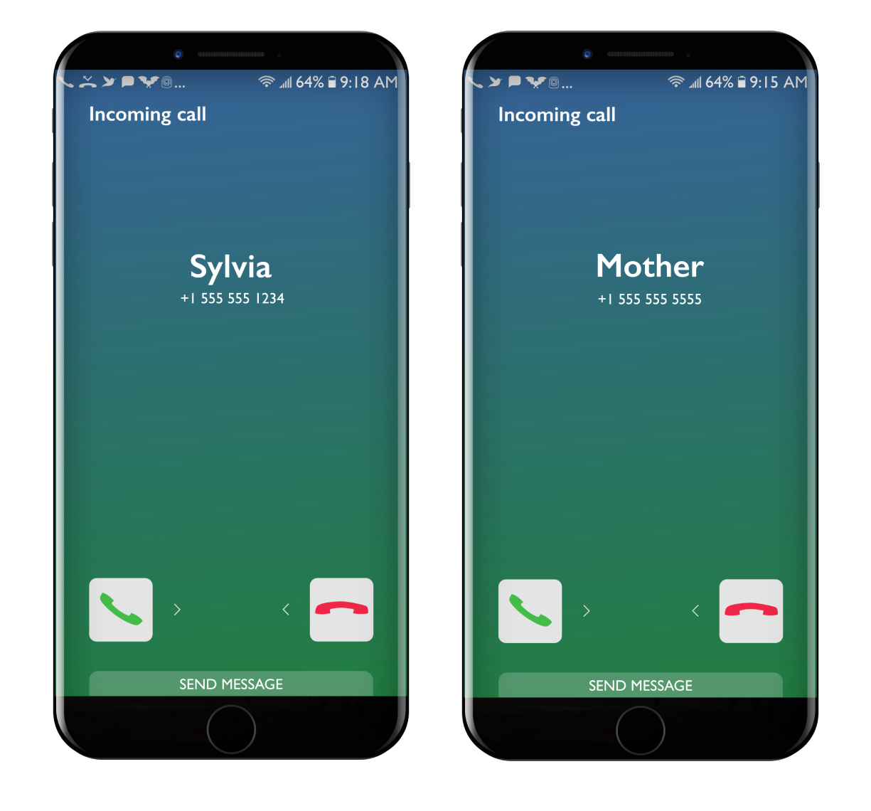 Two phone screens showing incoming calls from Mother and Sylvia