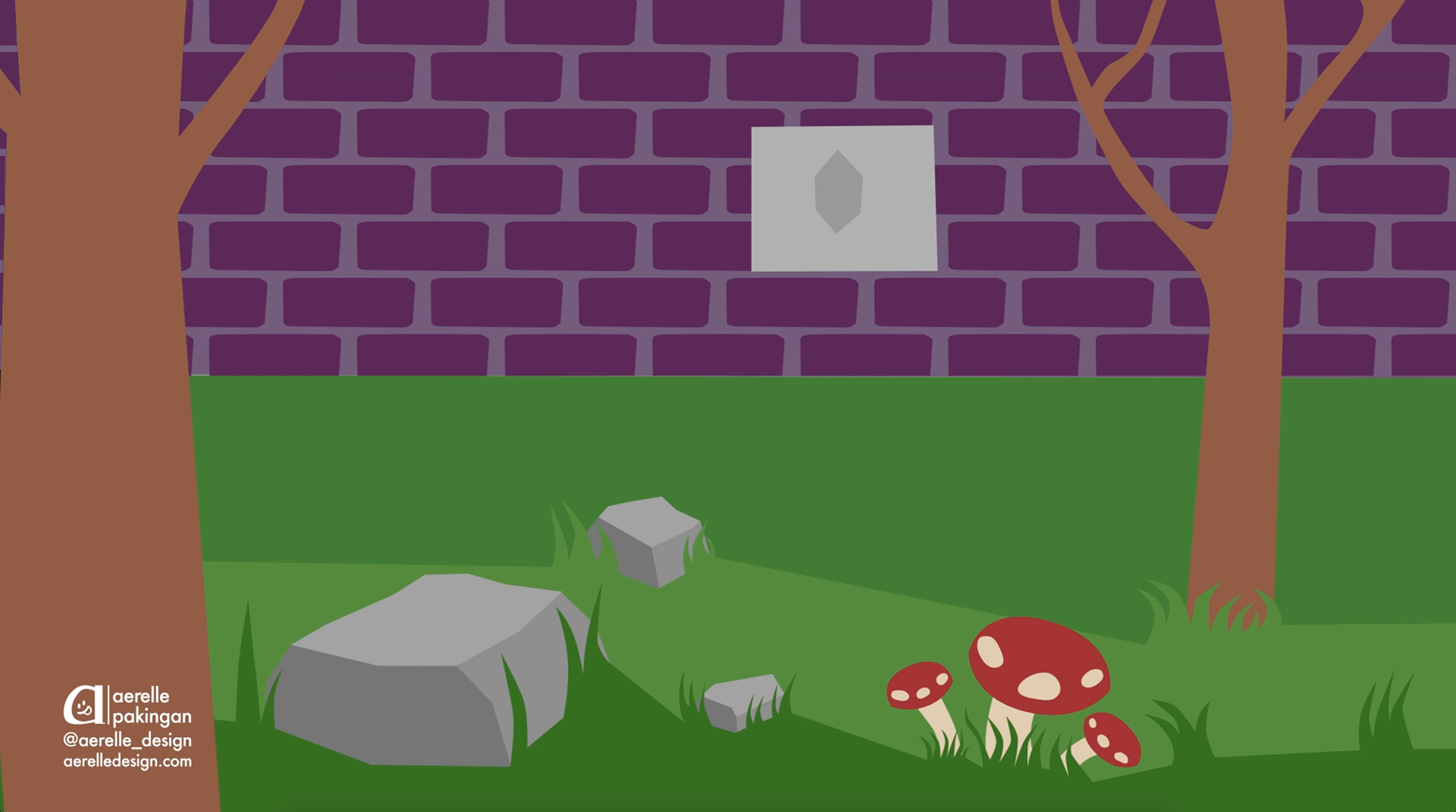 Vector illustrated environment with rocks, trees, and mushrooms and a brick wall with a gem shaped slot