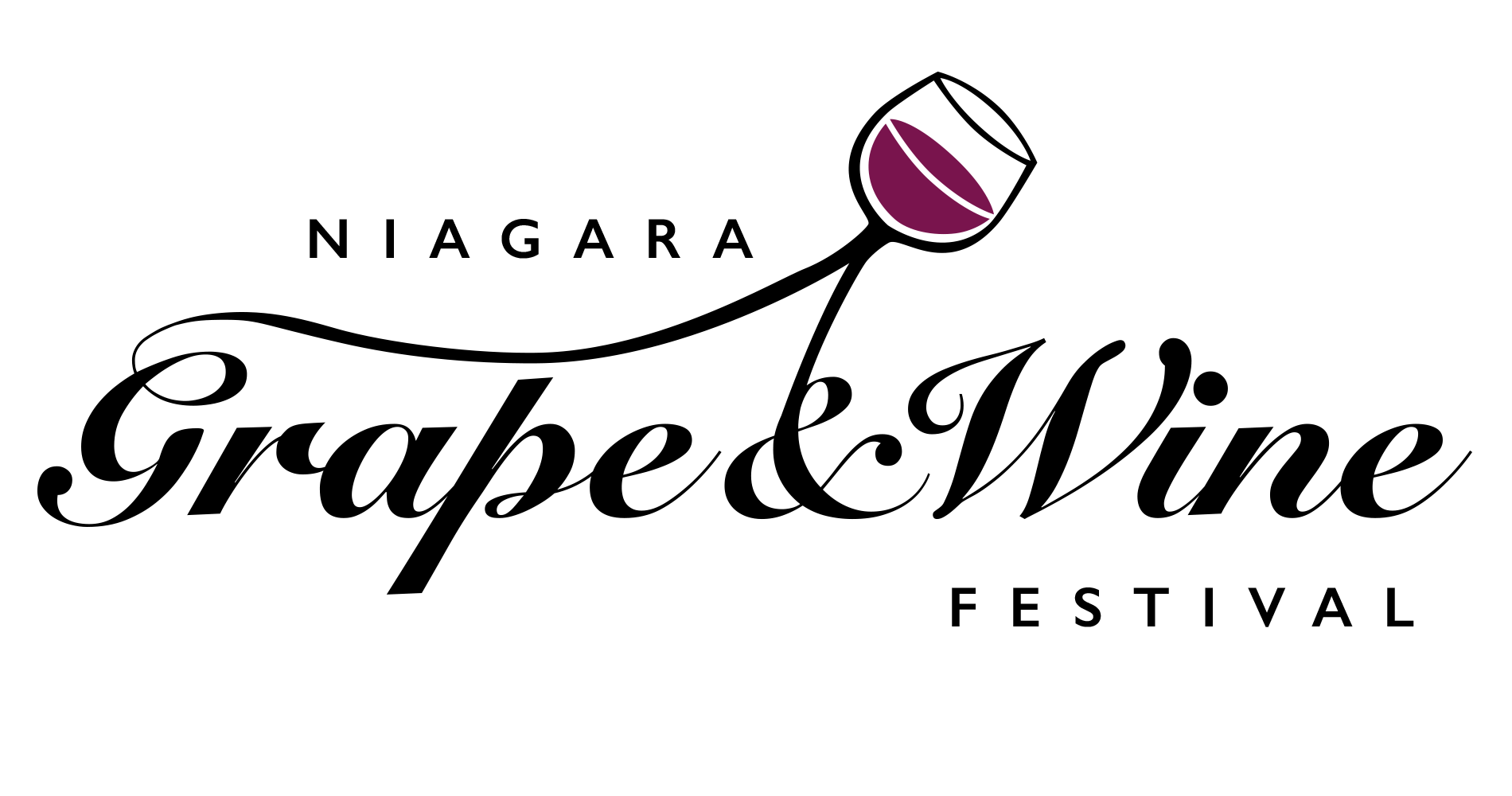 Niagara Grape & Wine Festival Logo Redesign where Niagara and Festival is all caps in a sans serif font and Grape and wine is in a script font the G and & connect to form the shape of a tent and a wine glass