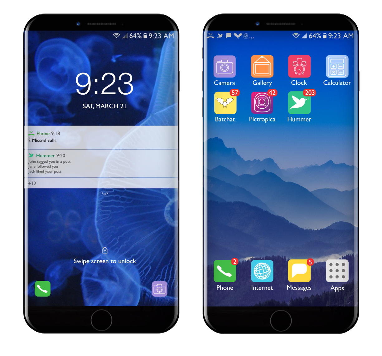 Two phone screens showing someone has missed calls, new messages and many notications on social media applications