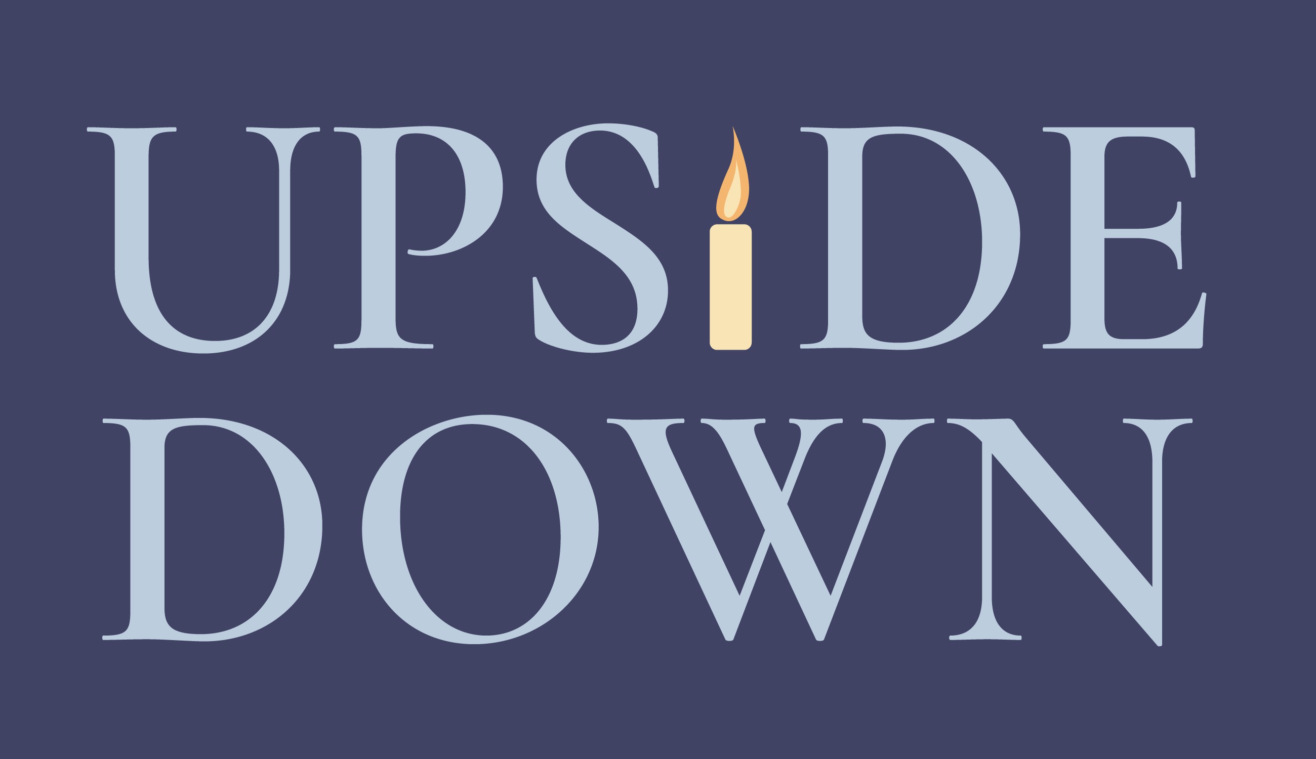 Upside Down logo design which is all capital letters, uses a classic serif typface and a desaturataed light blue on a dark background and the I is a candle