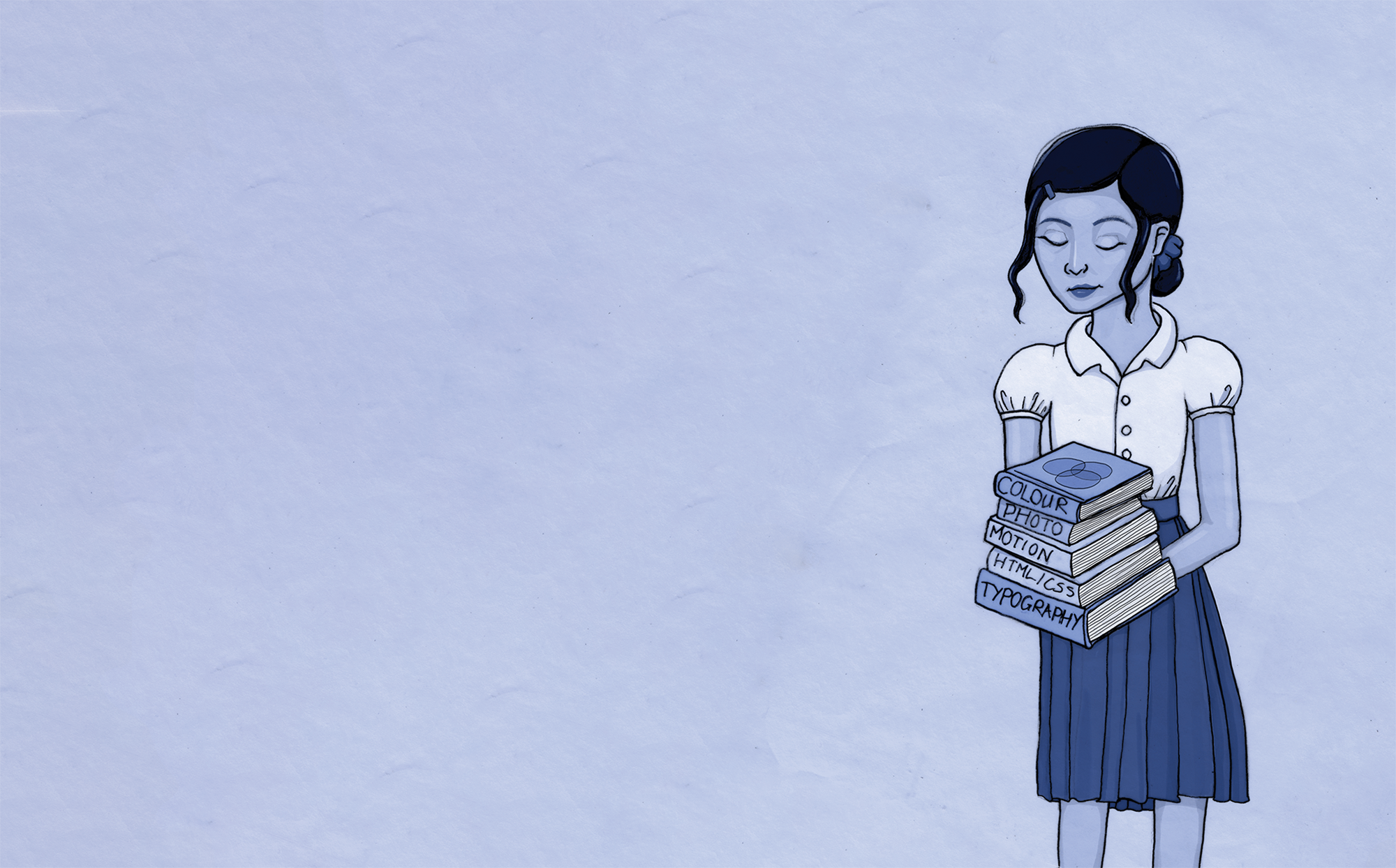 Drawing of a girl wearing a white button up shirt and a long skirt with a bun in a scrunchie and a small hair clip holding books that say colour, photo, motion, HTML/CSS, and typography on the side