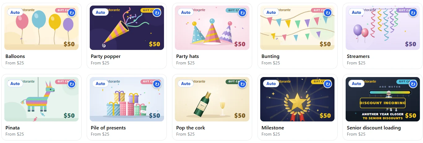 Birthday eGift designs: Balloons, Party popper, Party hats, Bunting, Streamers, Pinata, Pile of presents, Pop the cork, Milestone, Senior discount loading