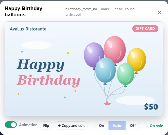 AvaLux Admin card view: Happy Birthday balloons with Animation, Flip, Copy and edit, and On, Auto, Off controls
