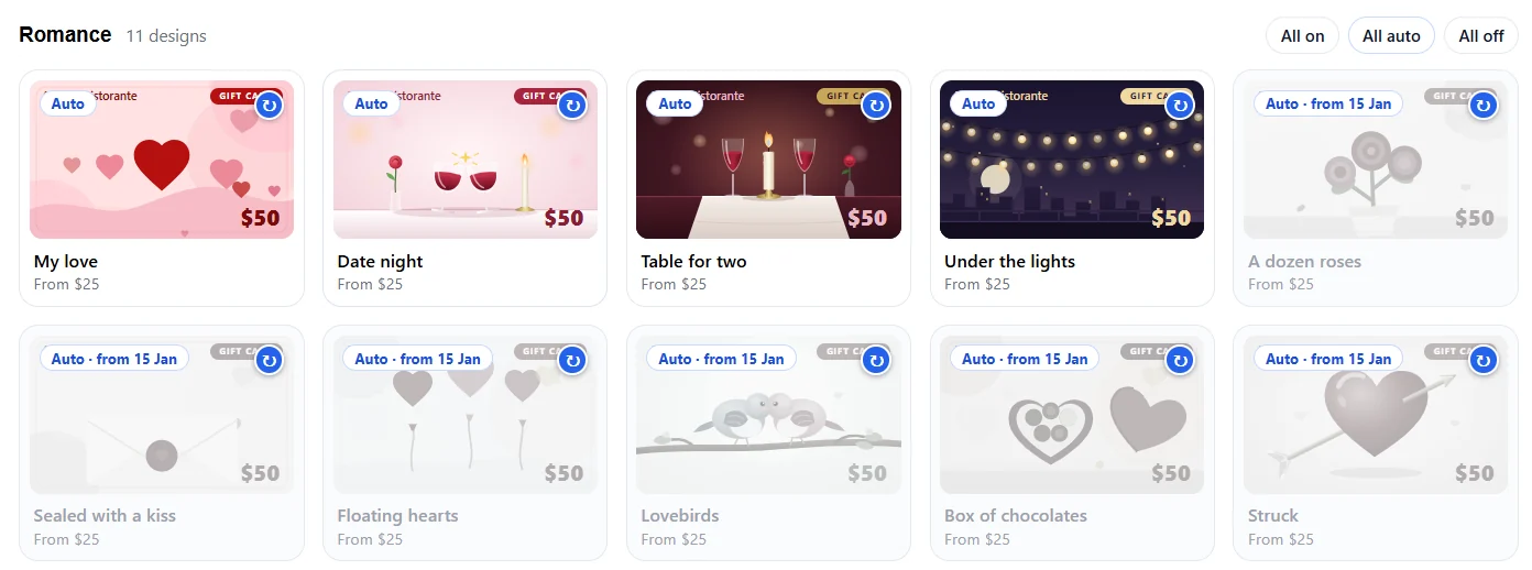 Romance collection in AvaLux Admin: four designs on sale, six set to Auto from 15 Jan
