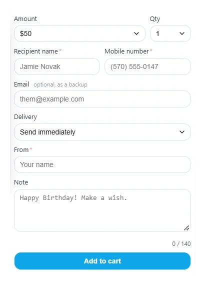 eGift order form with amount, recipient, mobile number, delivery, and note