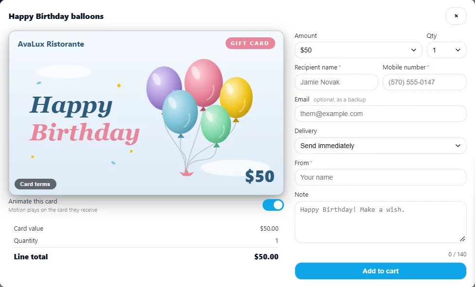 eGift card purchase screen: Happy Birthday balloons card with amount, recipient, delivery, and note