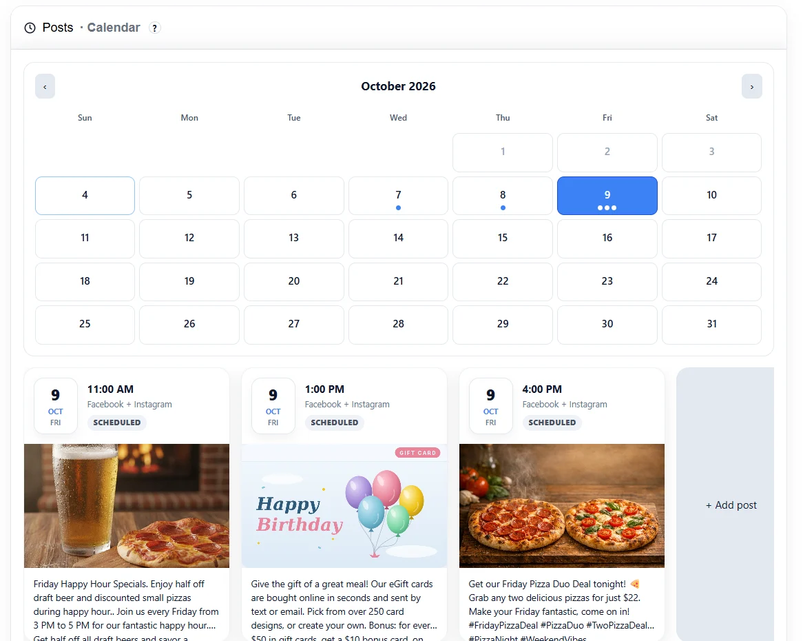 AvaLux Marketing calendar view with scheduled posts