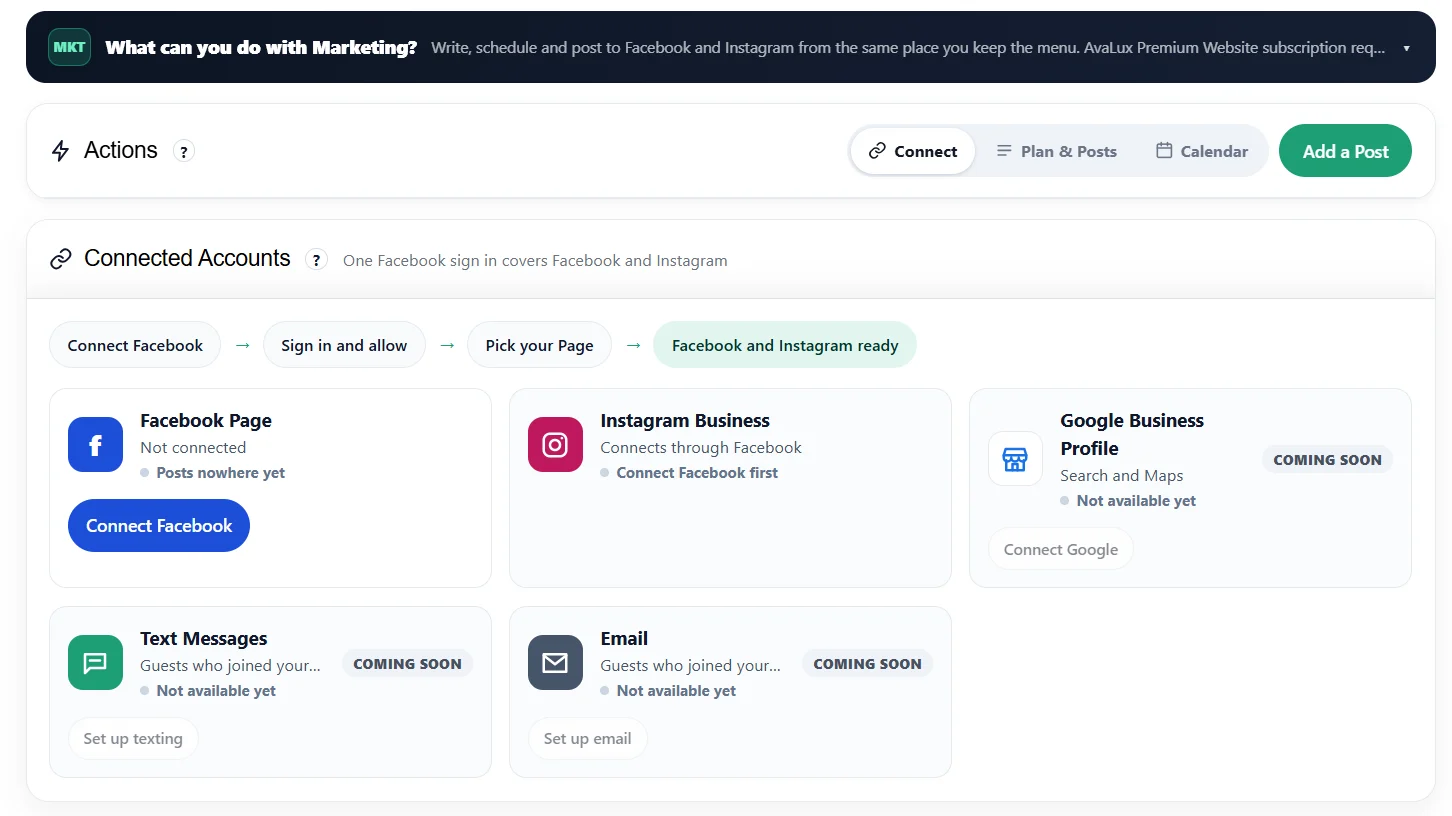 AvaLux Marketing connected accounts: Facebook, Instagram, Google Business Profile, text and email