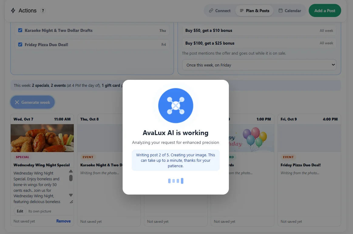 AvaLux AI generating a week of posts from specials, events and gift card offers
