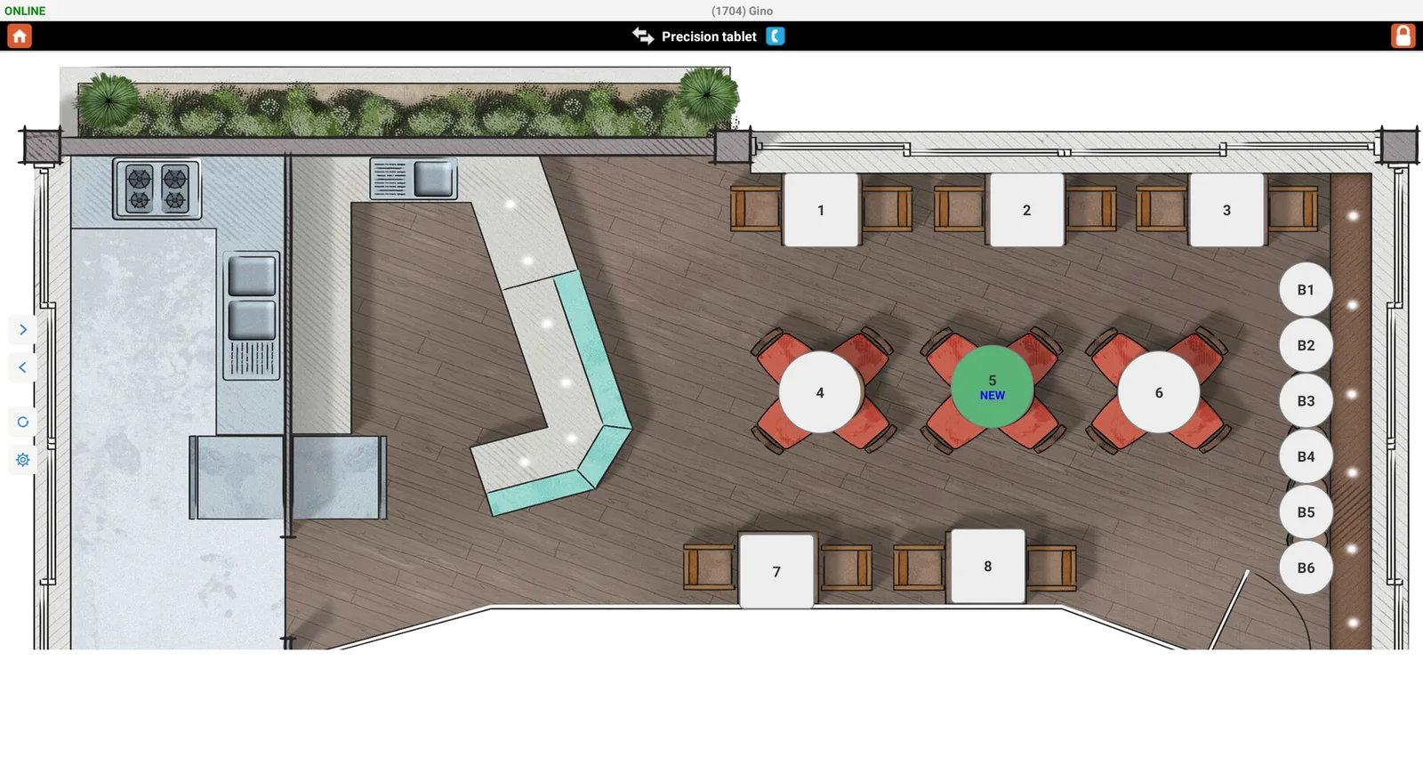 AvaLux ROS graphical dine-in layout with tables, booths, and bar seats