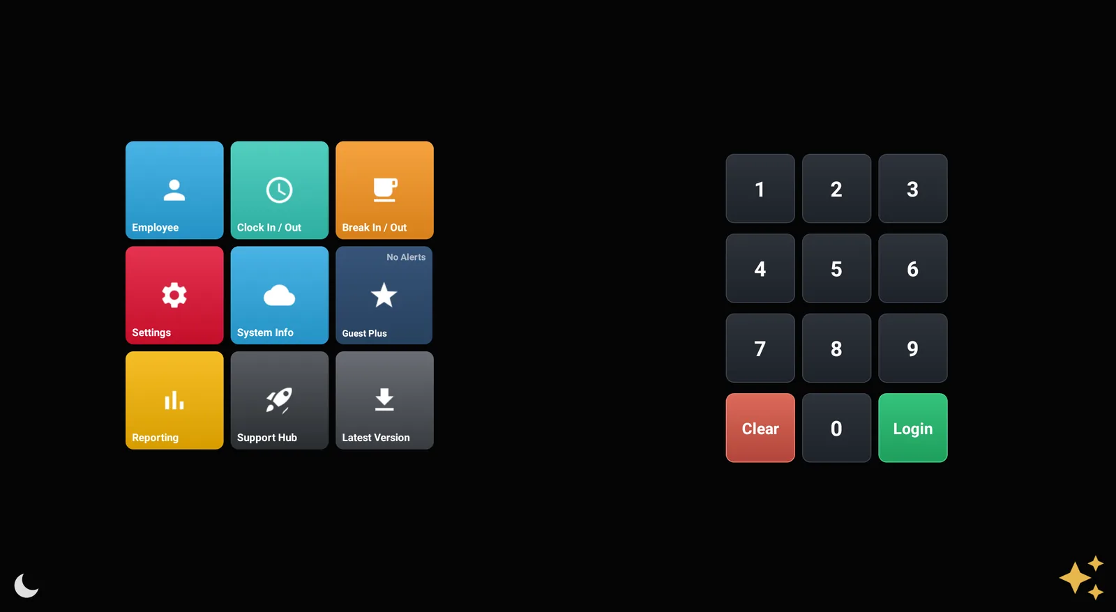 AvaLux ROS home screen with Employee, Clock In/Out, Break In/Out, Settings, System Info, Guest Plus, Reporting, Support Hub, and Latest Version tiles next to the login keypad