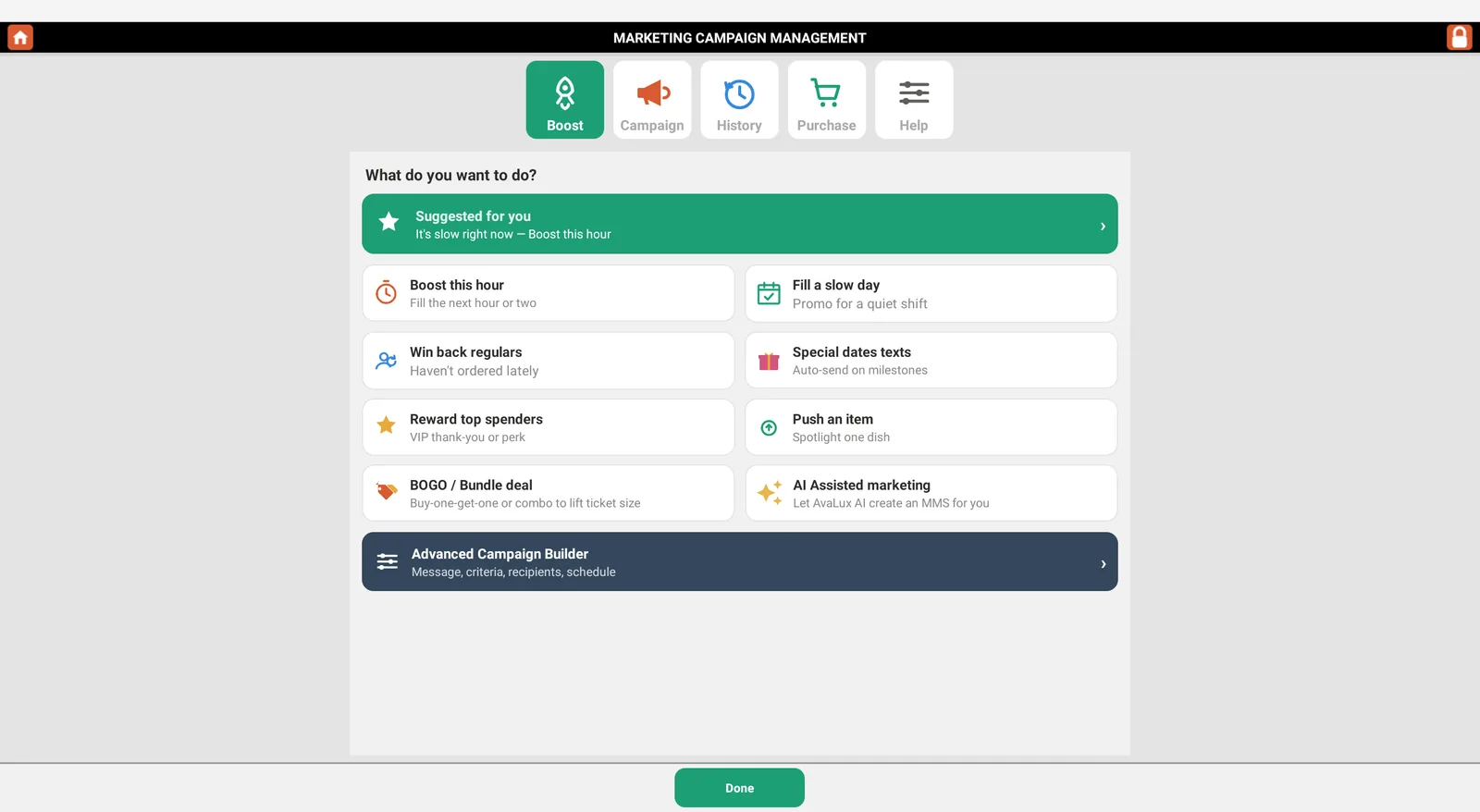 AvaLux ROS marketing campaign management with suggested campaigns