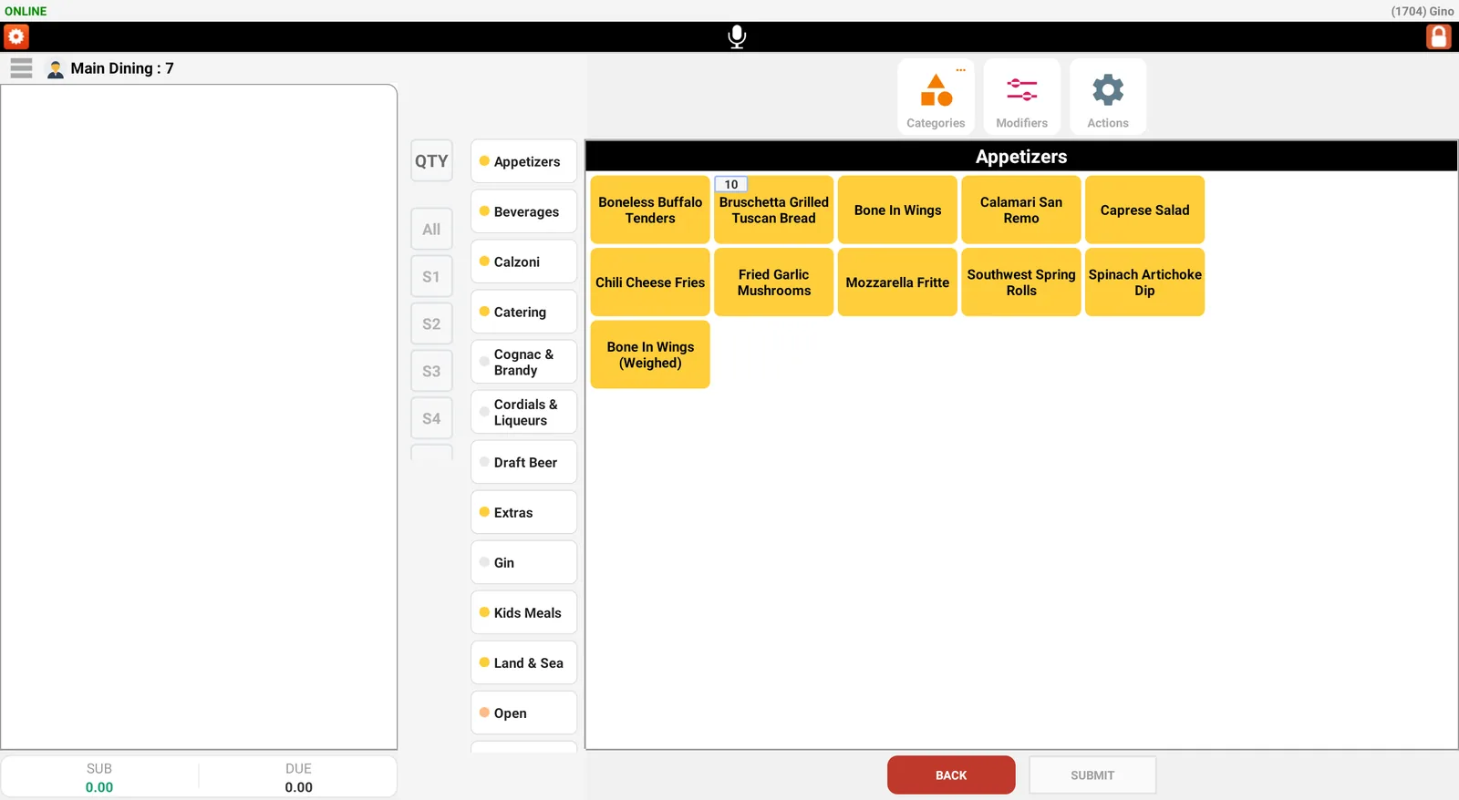AvaLux ROS order screen with categories, seats, and appetizer buttons