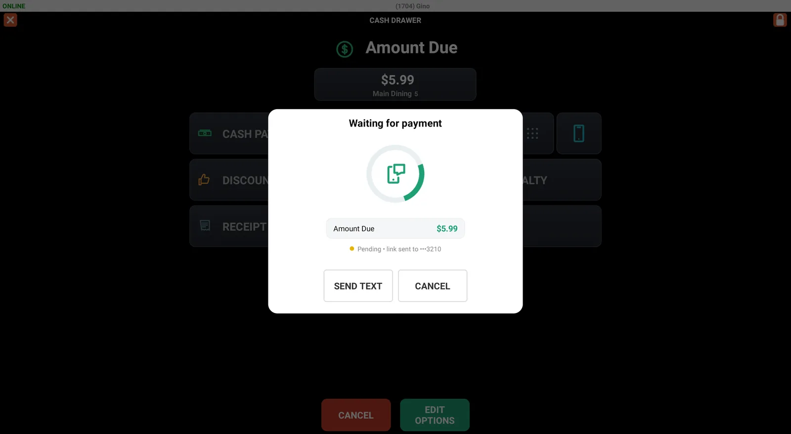 AvaLux ROS text to pay: payment link sent, waiting for payment