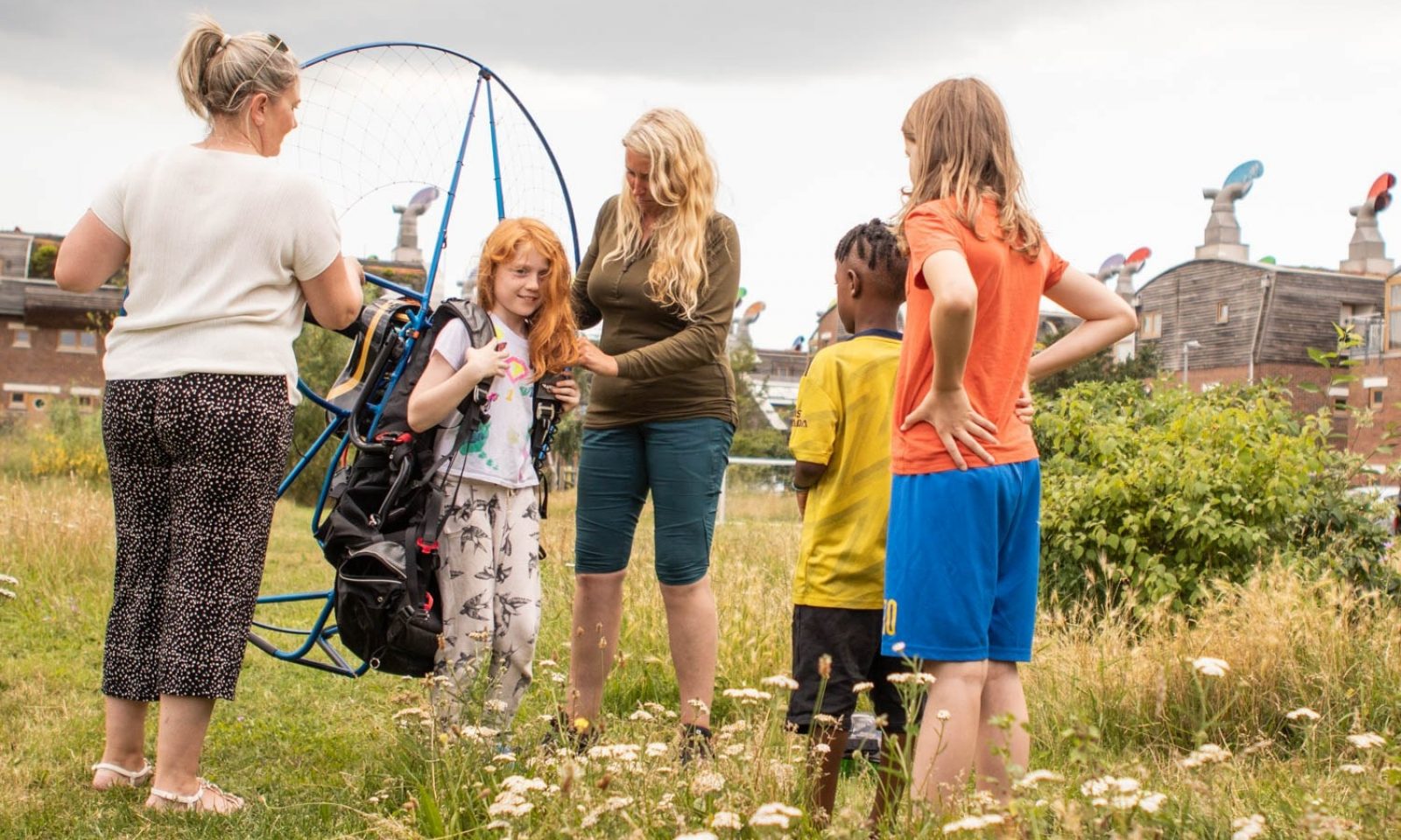 Joanna Lumley and the Human Swan visit Bed ZED eco paramotor