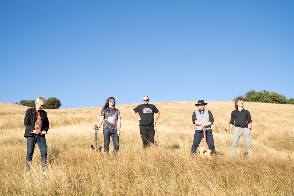 Panoramic Photo That shows the professional band members of queenstown's best southern rock band standing in a field holding their musican instruments guitars acoustic drums piano bass epic vocalist