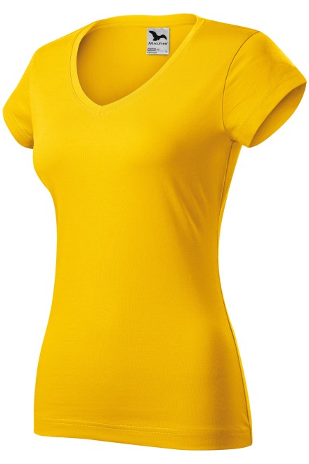 Дамска приталена тениска с V-образно деколте, жълт