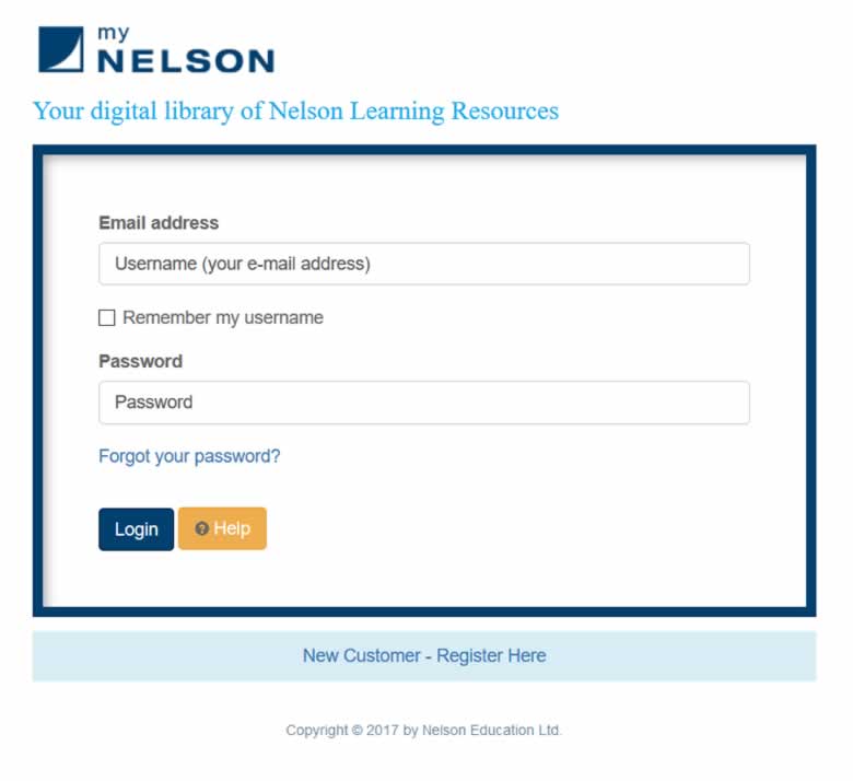 myNelson Login Page with options to login, register, and recover forgotten passwords