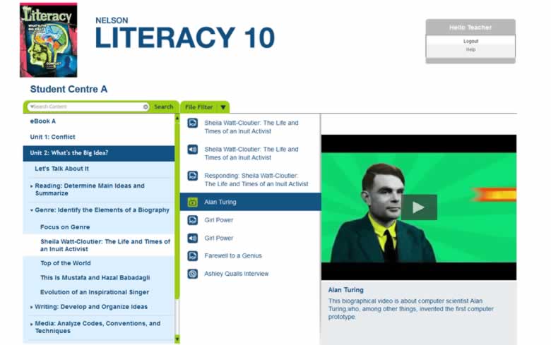 myNelson Product Page for Literacy 10 showing product navigation and multimedia links