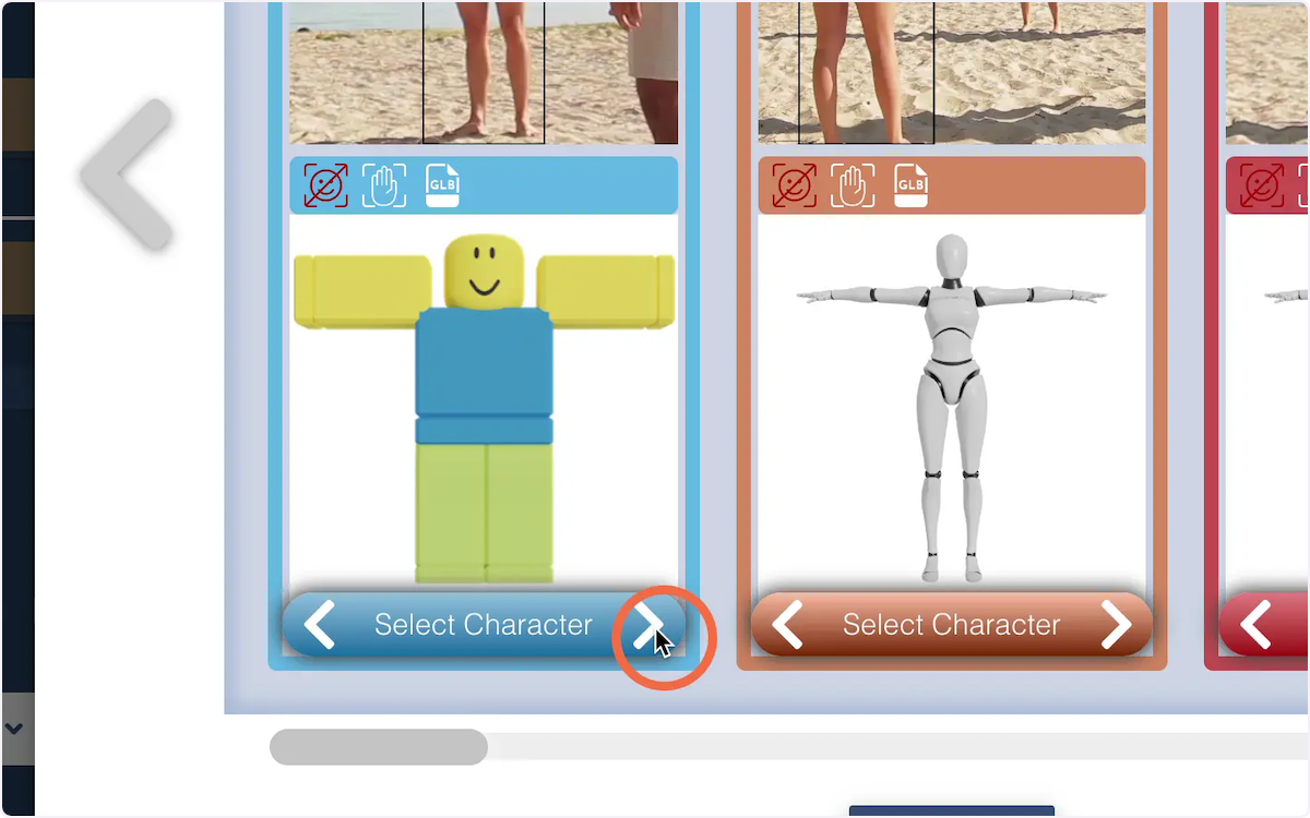 Use the arrows in the select character below to find the character you wish to assign to the tracked person. Please note the icons will indicate if this character is compatible with face tracking, hand tracking, and GLB export types.