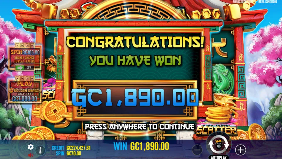 The Big Win screen shows a prize amount of 1,890 GC against a backdrop of a beautiful Asian theme.