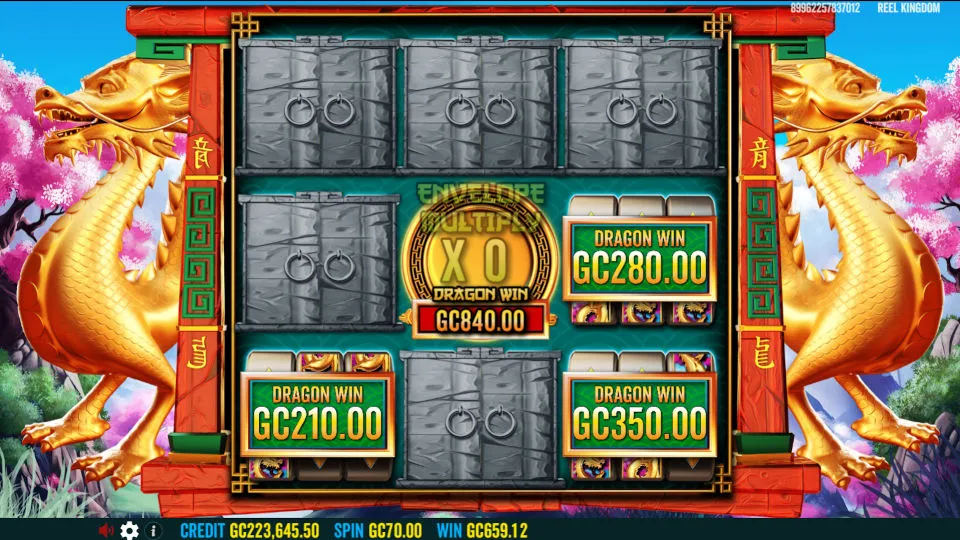 The Free Spins round in the 8 Golden Dragon Challenge slot features bonus symbols and multipliers.