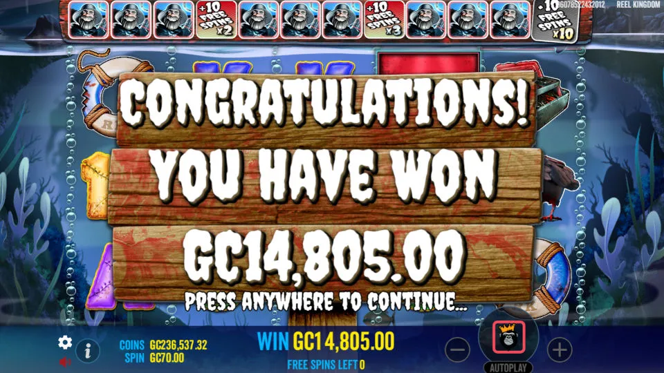 The Big Bass Halloween slot’s win screen shows a 14,805 GC prize with spooky visuals and a Free Spins bonus win.