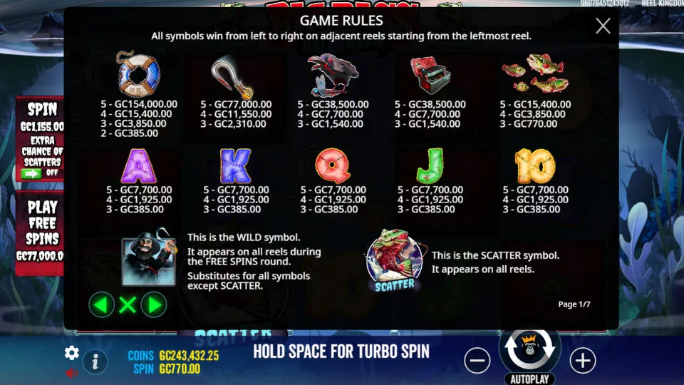 The Big Bass Halloween slot’s rules screen with symbol values, scatter symbol, and Wild description for Free Spins.