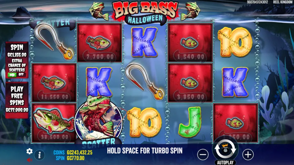 The Big Bass Halloween slot’s gameplay screen with spooky-themed symbols on a 5x3 reel grid and underwater background.