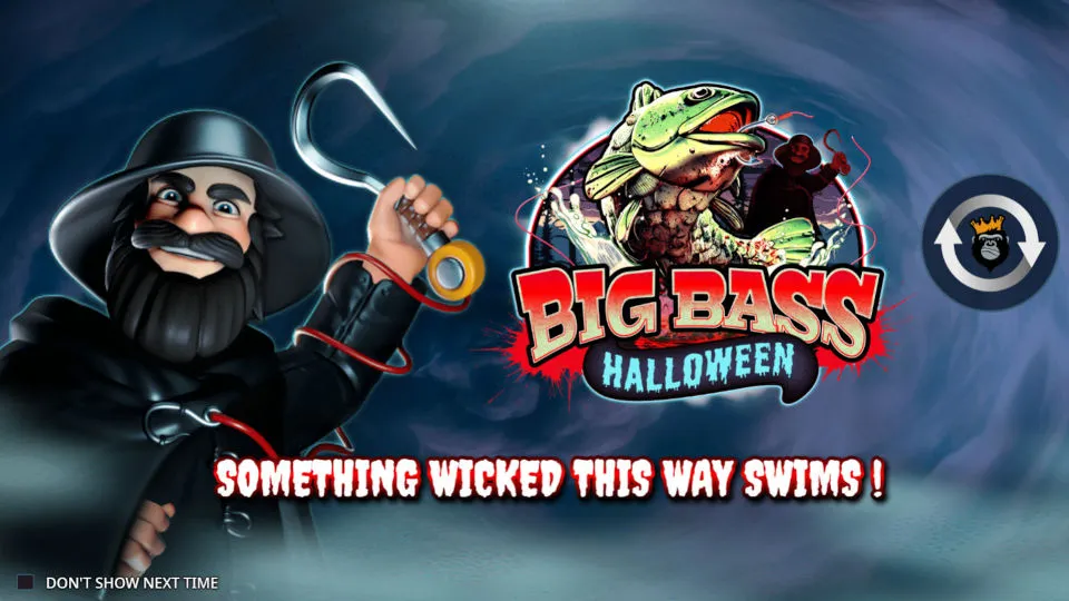 The Big Bass Halloween slot’s opening screen with a spooky fisherman, game logo, and dark, foggy background.