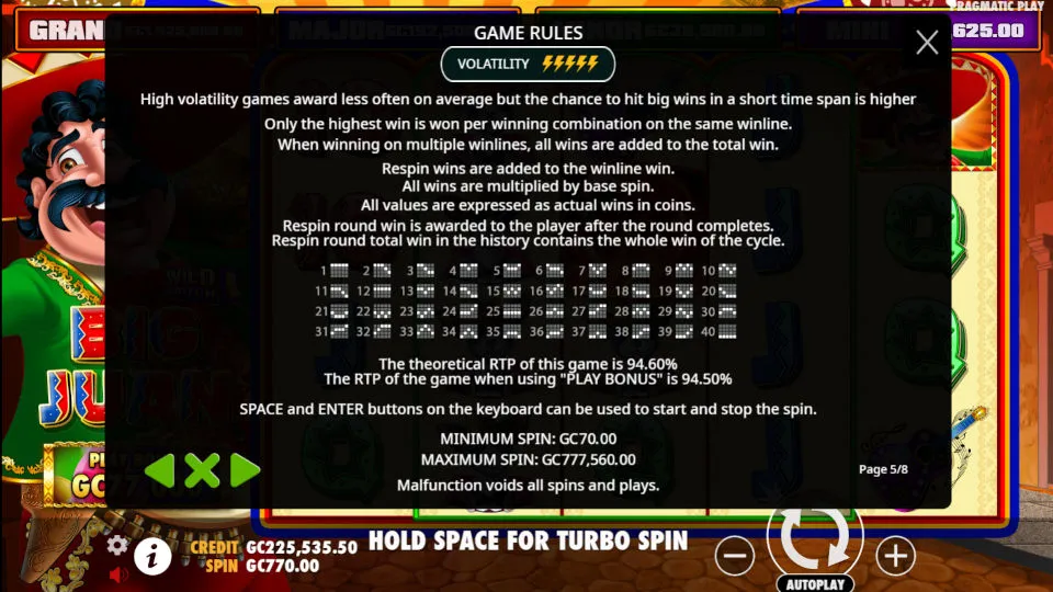 Game rules screen for the Big Juan slot, explaining high volatility and respin features.
