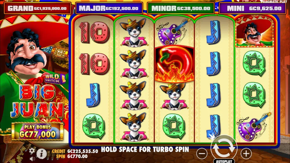 Gameplay screen of the Big Juan slot, showing pinata symbols, Wild Switch features, and respins in action.