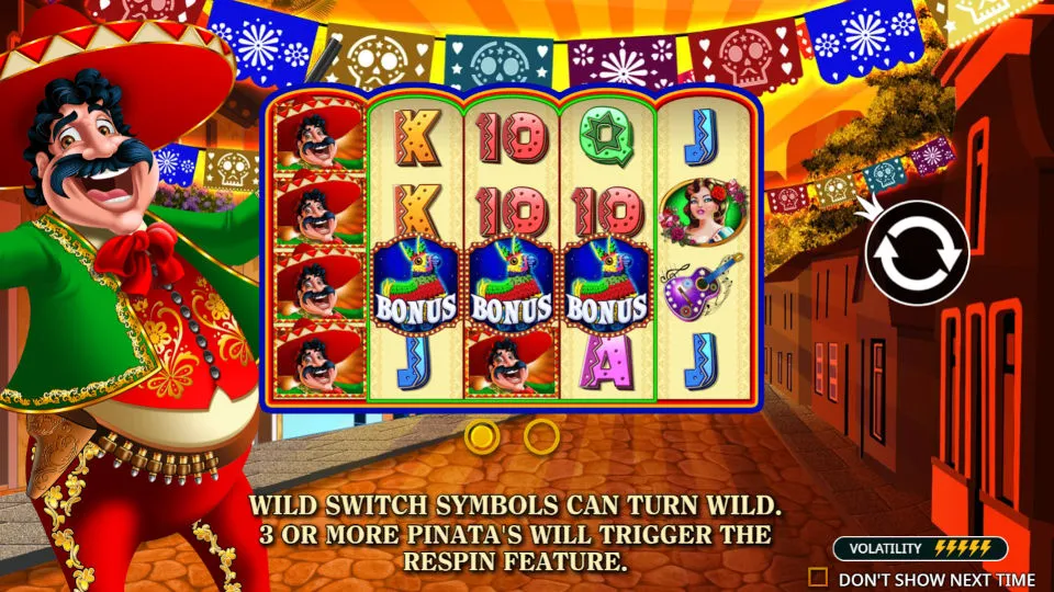 Opening screen of the Big Juan slot, with festive Mexican-themed visuals and piñata symbols.