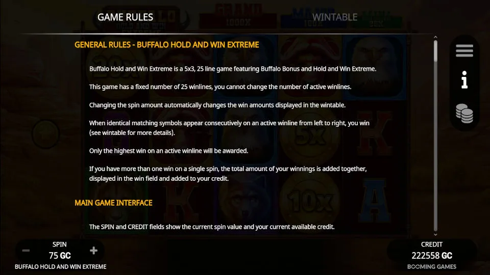 The game rules for Buffalo Hold and Win Extreme explains the fixed number of active winlines, symbol matching, and winning conditions.