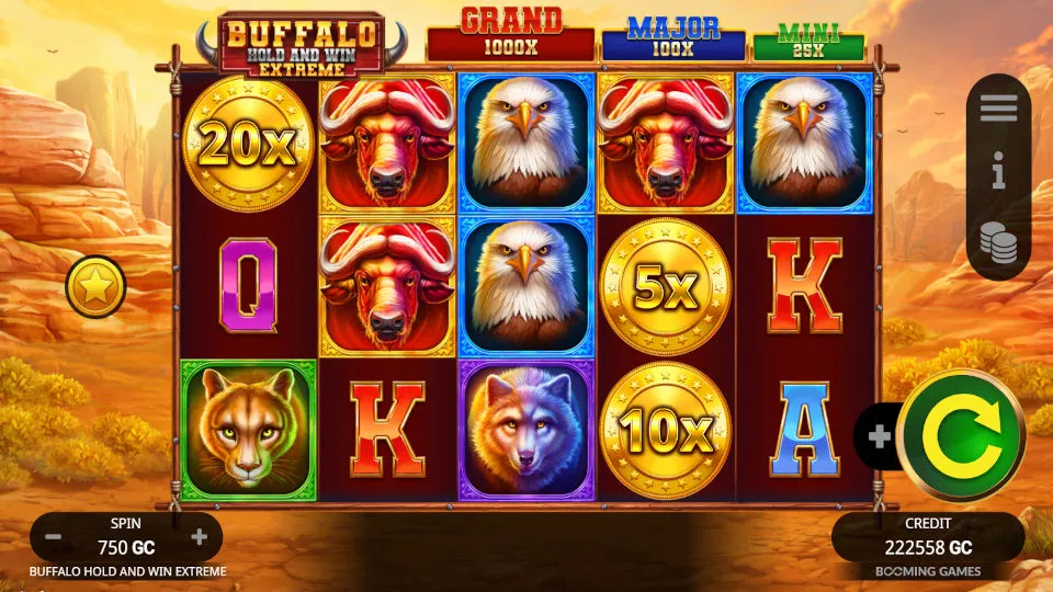 The gameplay screen shows the Buffalo Hold and Win Extreme reels with buffalo, eagle, and coin multipliers.
