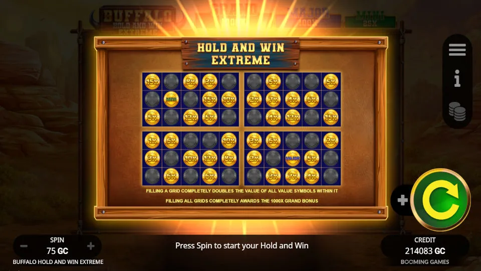 The Buffalo Hold and Win Extreme Hold and Win bonus feature shows a filled grid with coin multipliers and a major jackpot symbol.