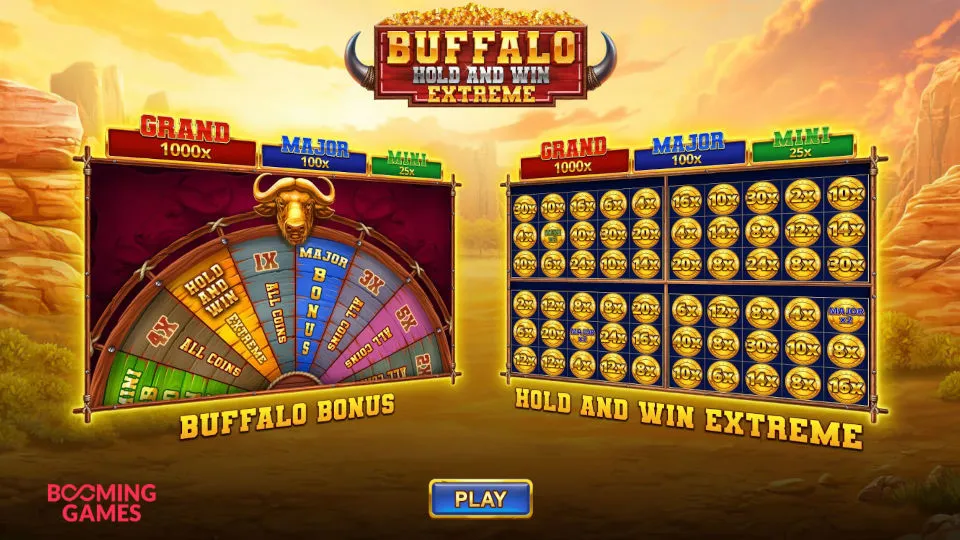 The Buffalo Hold and Win Extreme slot game showcases the Buffalo Bonus Wheel and jackpots.