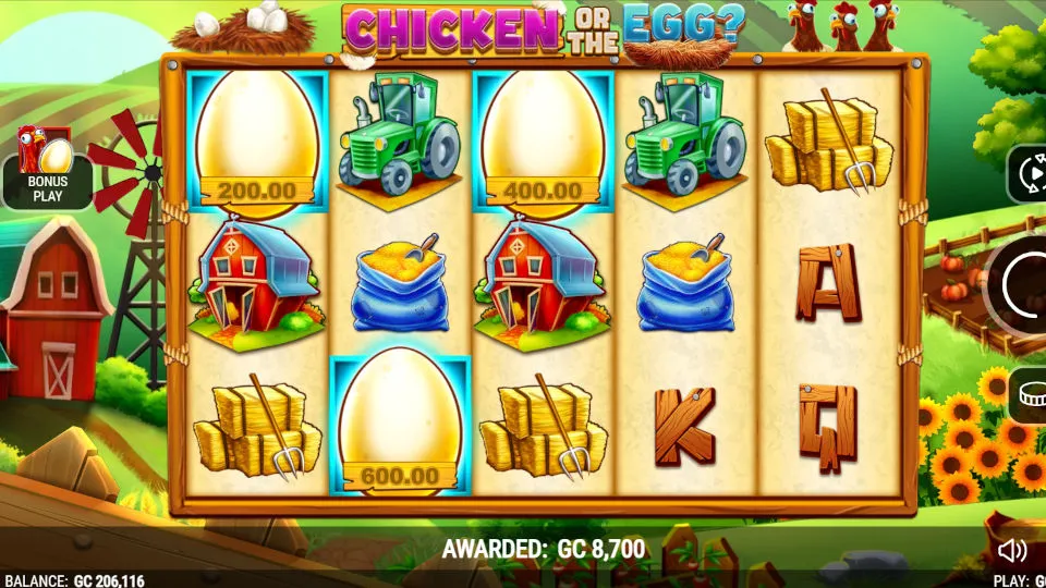 The Chicken or the Egg slot’s gameplay screen has cartoon farm icons, golden egg values, and Bonus Play option.