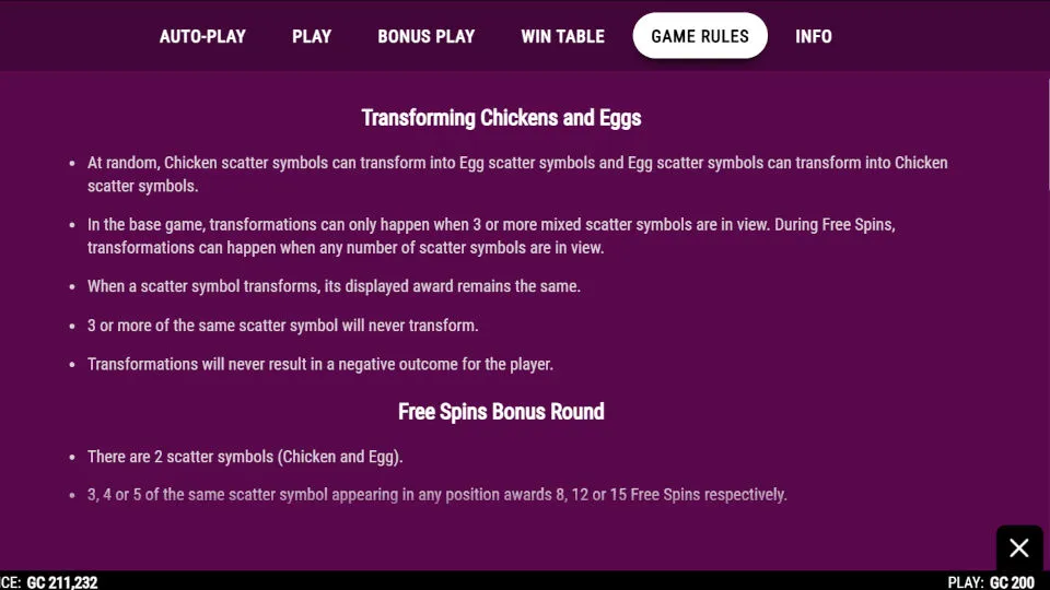The Chicken or the Egg slot rules screen explains the scatter symbol transformations and Free Spins bonus round.