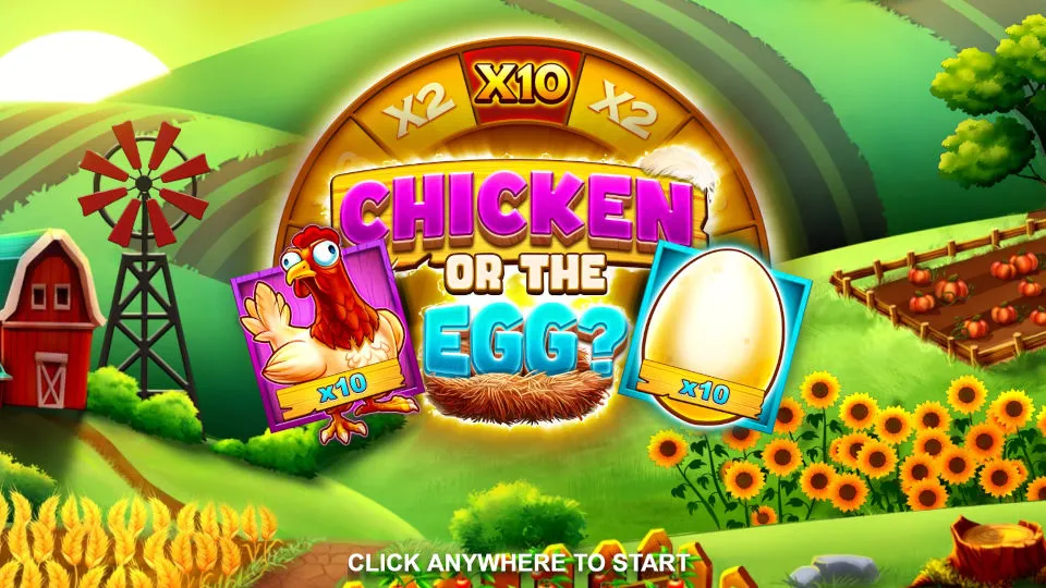 The Chicken or the Egg slot’s opening screen shows the game logo, multiplier wheel, and cartoon farm background.