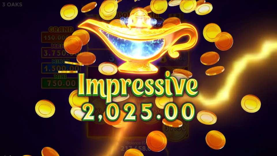 A big win in the Coin Lamp slot game features the glowing lamp symbol with large text saying Impressive with a reward of 2,025 gold coins.