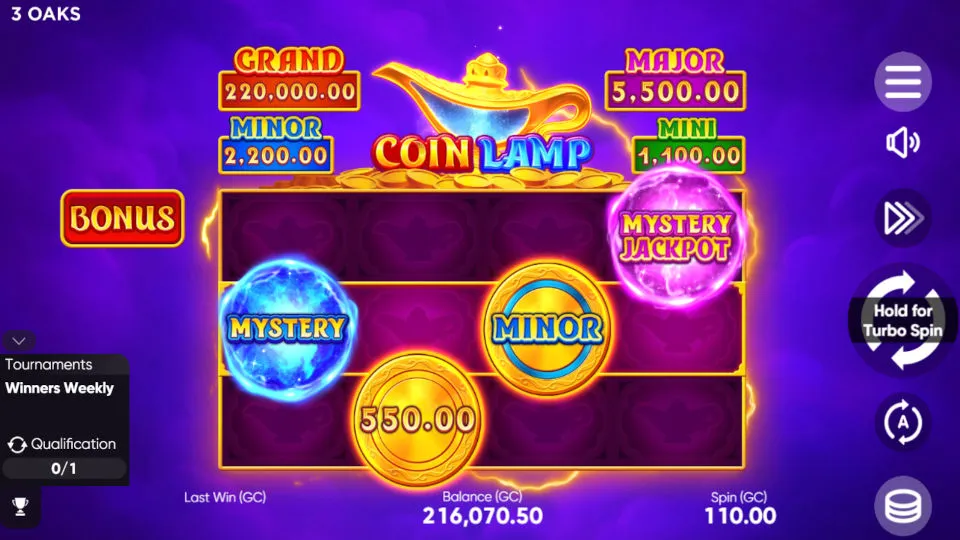 Coin Lamp slot shows a 4x3 purple background with the genie lamp with a Mystery coin symbol, a Mystery Jackpot coin symbol, and a Minor symbol. 