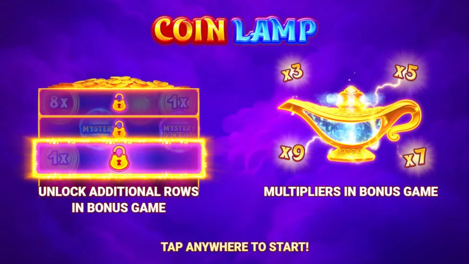 The Coin Lamp slot game by 3 Oaks Gaming shows a purple background with golden coins and a glowing lamp symbol.