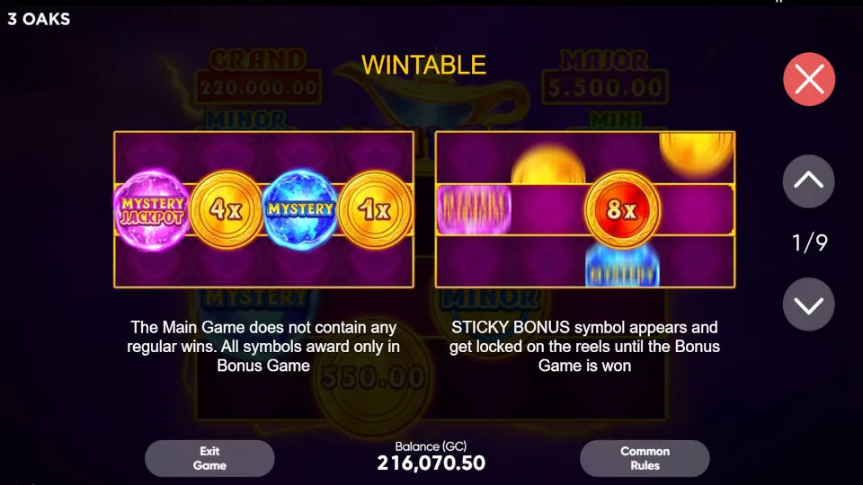The win table for the Coin Lamp slot game explains how the symbols, jackpots, and reward system works.