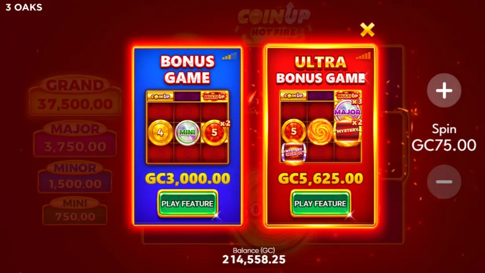 The bonus feature selection screen for Coin Up Hot Fire shows a choice between two bonus game options – Bonus Game and Ultra Bonus Game with multipliers and jackpots.