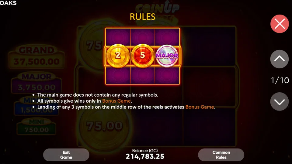 The game rules screen for the Coin Up Hot Fire slot shows how the bonus activation works via the middle row.
